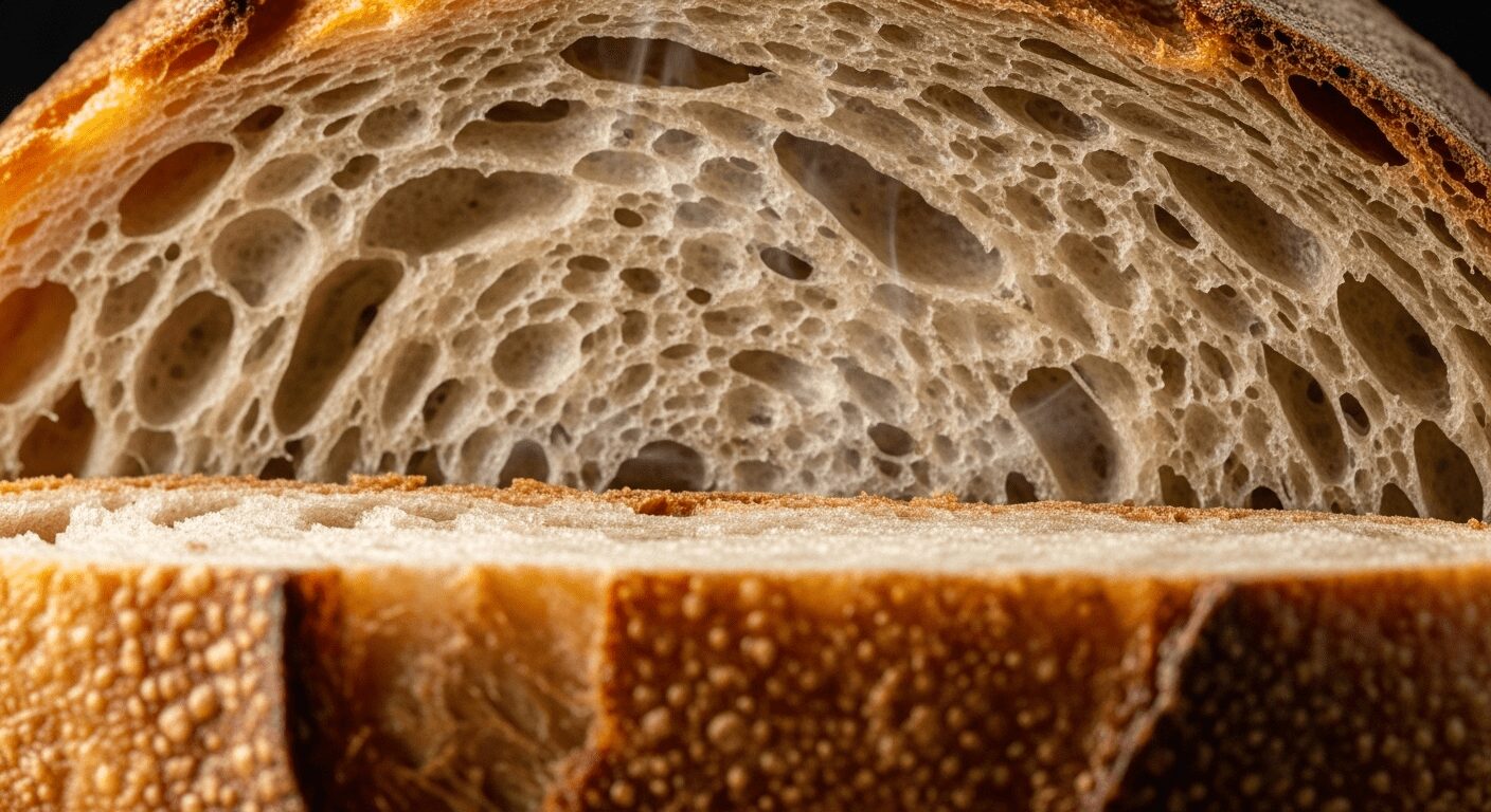 Close-up do miolo aerado do pão de fermentação natural. Experimente seu sabor único