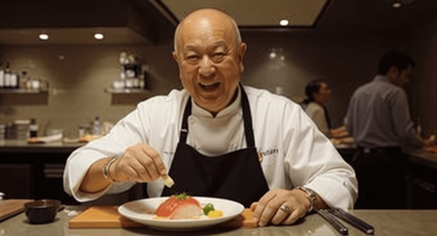 Chef Nobu Matsuhisa sorrindo e apresentando sua arte culinária, simbolizando sua maestria e influência na gastronomia japonesa mundial