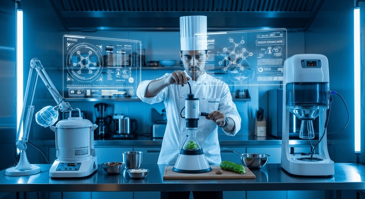 Chef em laboratório de alta tecnologia, preparando prato de cozinha fusion futurista, ilustrando as tendências e inovações que moldarão as celebrações gastronômicas