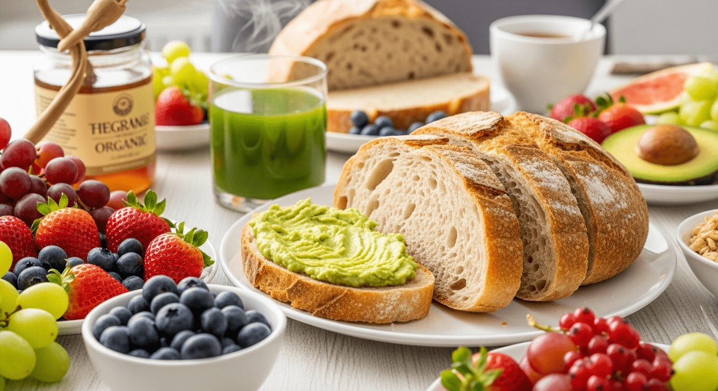 Mesa com pão de fermentação natural e frutas frescas. Desfrute da boa digestão