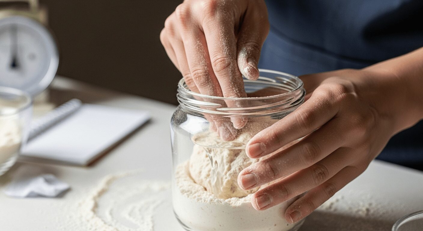Mãos preparando levain caseiro. Primeiros passos para iniciar a fermentação natural