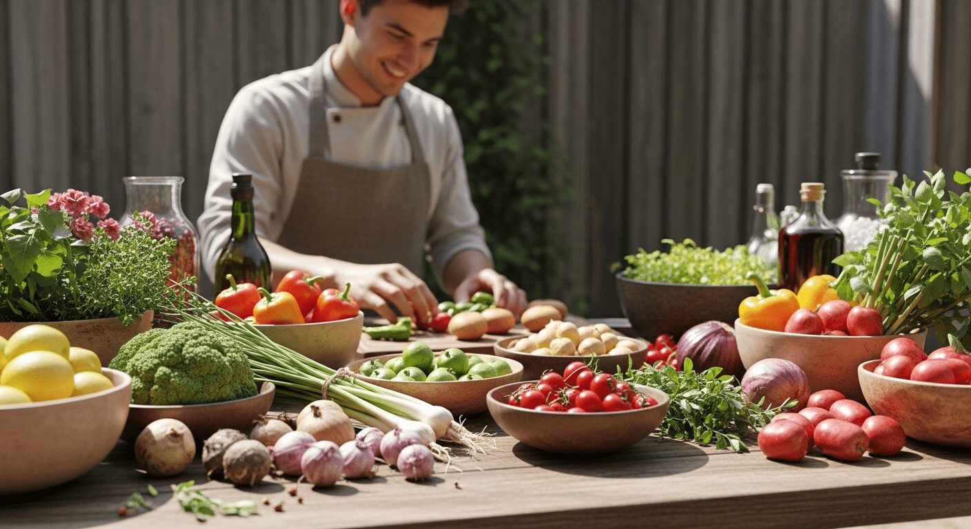 Ingredientes frescos e locais sobre uma mesa, representando a tendência de sustentabilidade e o uso de produtos regionais na cozinha fusion em eventos
