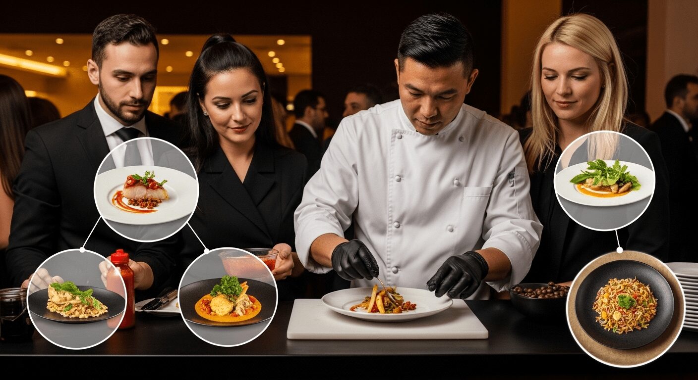 Chef criando um prato inovador de cozinha fusion em um evento gastronômico, simbolizando a evolução e as tendências atuais da culinária em festas