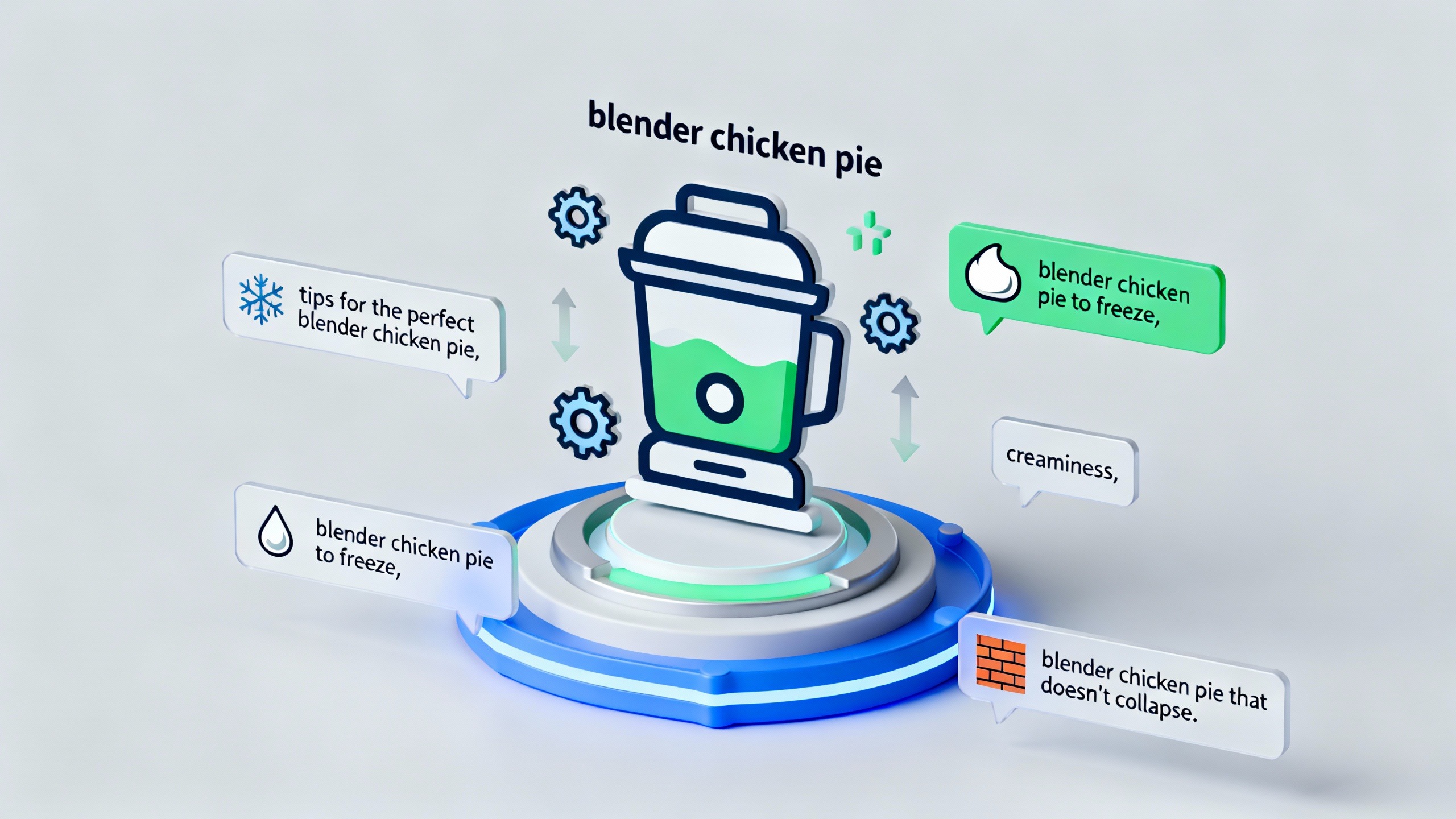 Ícones visuais de dicas para torta de frango de liquidificador infalível, incluindo congelamento e como evitar que murche