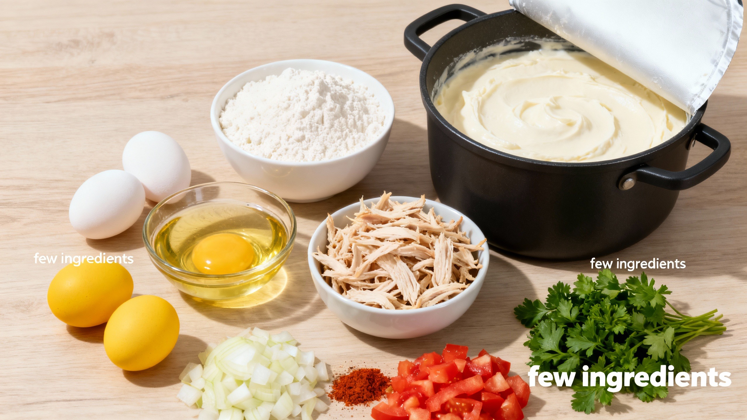 Ingredientes frescos e simples para torta de frango de liquidificador cremosa, destacando a facilidade e economia no preparo