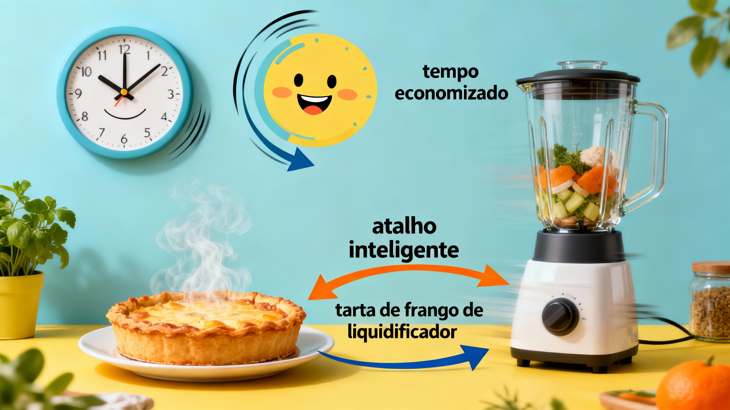 Liquidificador e torta de frango, ilustrando a rapidez e facilidade da receita para quem tem rotina agitada
