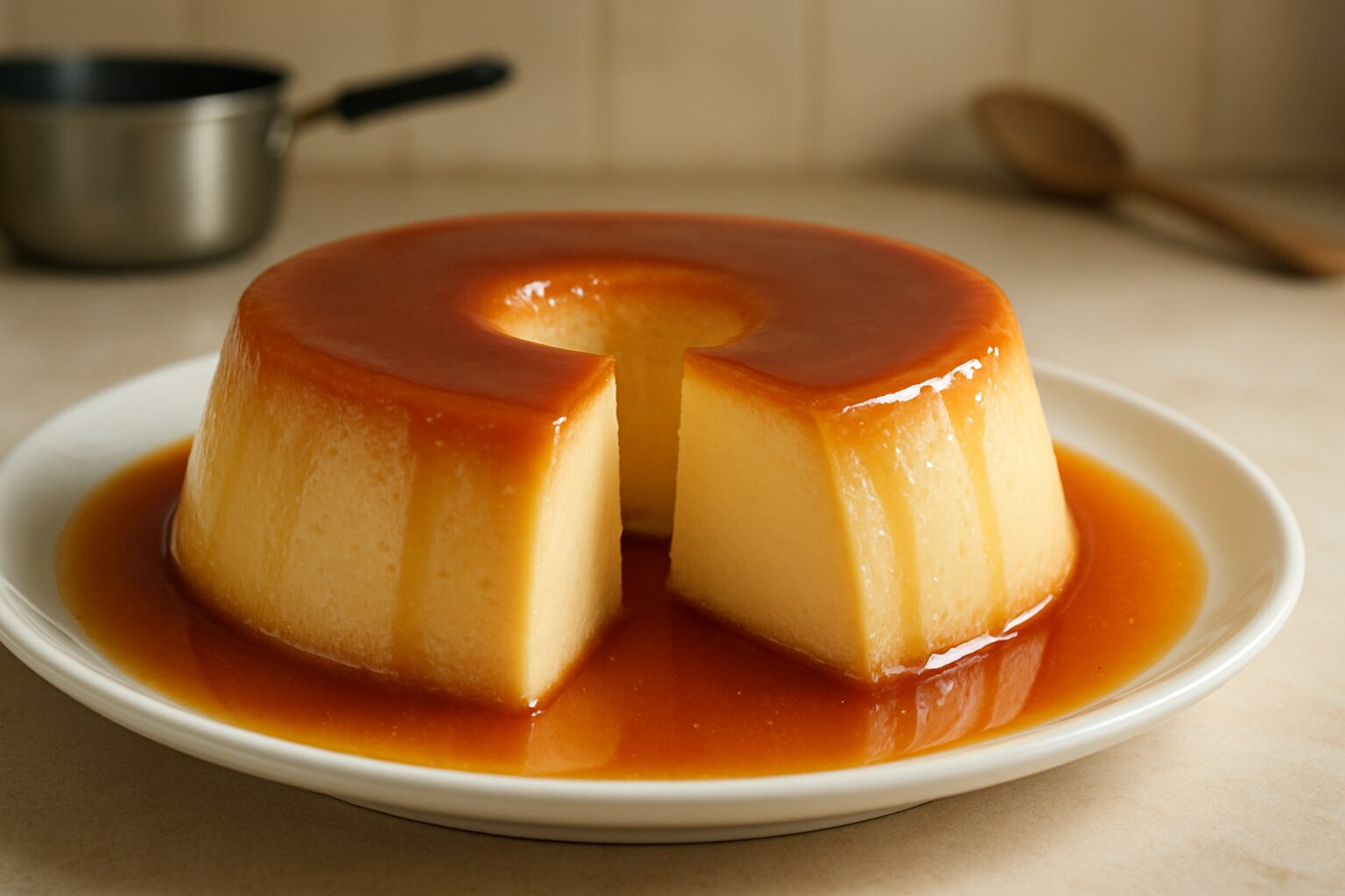 Pudim sem forno com calda de caramelo brilhante e corte cremoso, em close, destacando textura lisa e fatia firme pronta para servir