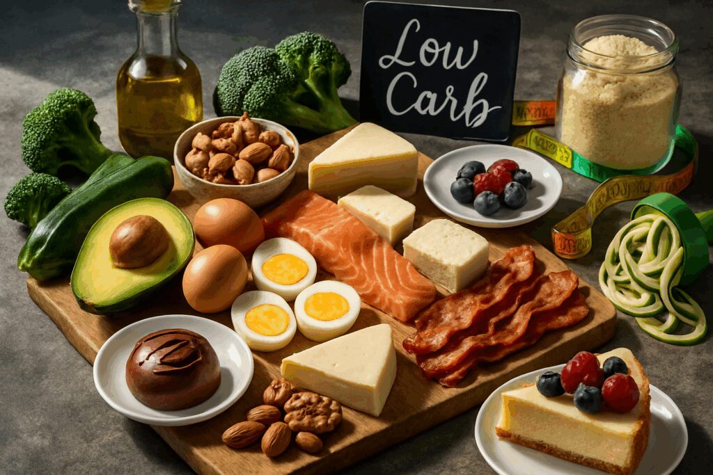 Tábua com variedade de alimentos para receitas fit low carb: abacate, salmão, ovos, vegetais verdes, castanhas e sobremesas saudáveis