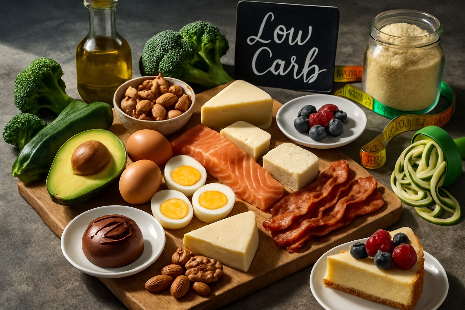 Tábua com variedade de alimentos para receitas fit low carb: abacate, salmão, ovos, vegetais verdes, castanhas e sobremesas saudáveis