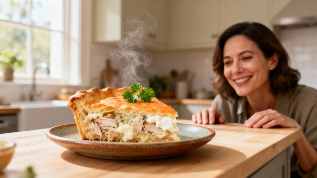 Fatia perfeita de torta de frango de liquidificador cremosa com requeijão em prato, simbolizando refeição fácil e saborosa