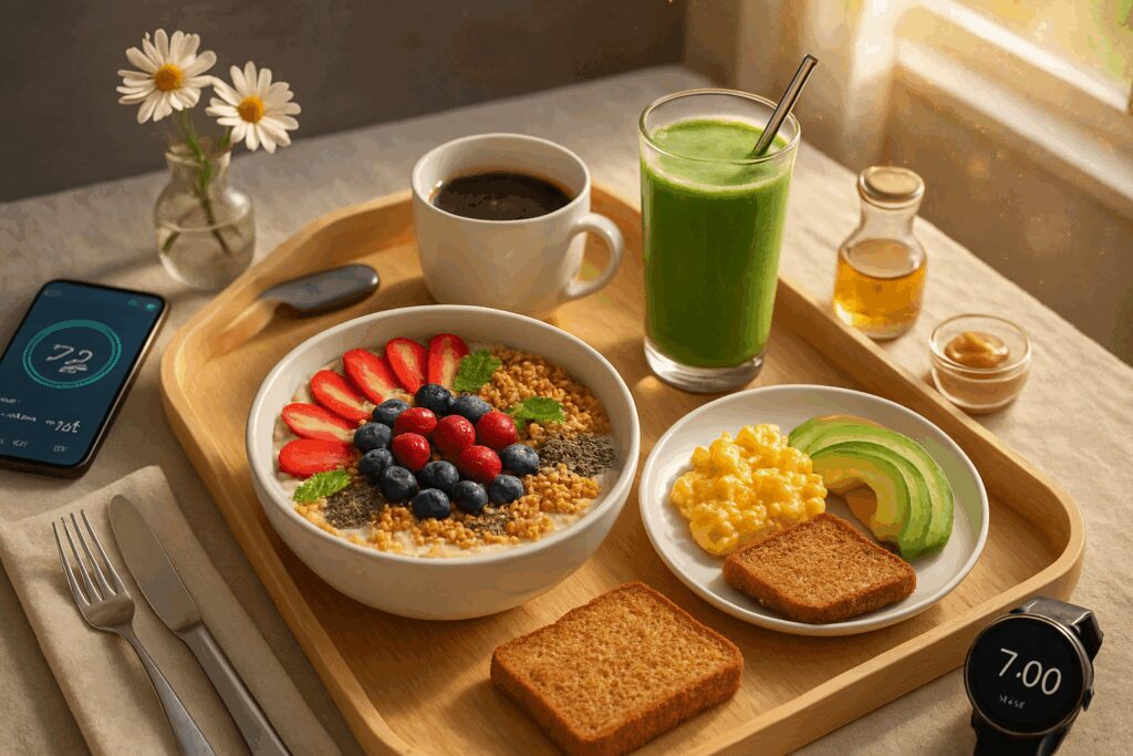 Mesa de café da manhã fit com overnight oats, frutas vermelhas, smoothie verde, ovos e abacate em bandeja iluminada pela luz matinal