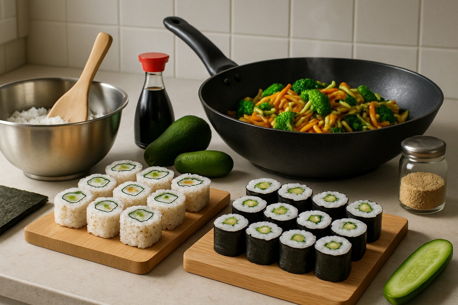 Comida japonesa fácil em casa: uramaki e hossomaki com cortes limpos ao lado de yakisoba brilhante e arroz de sushi no ponto, prontos para servir