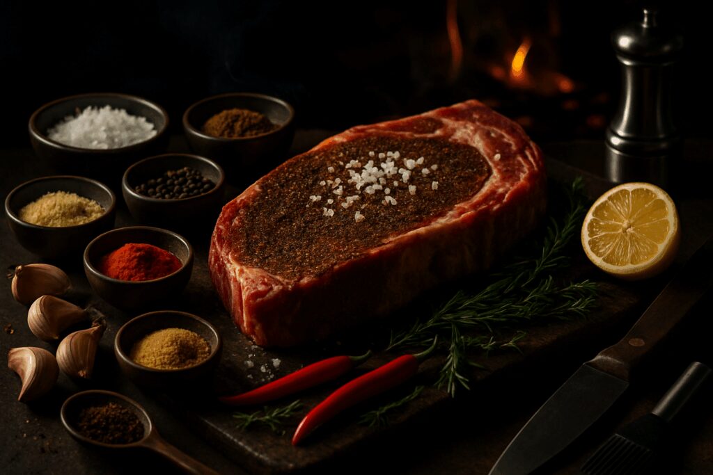 Contrafilé cru com dry rub e sal grosso sobre tábua rústica, cercado por especiarias, ervas frescas e utensílios profissionais sob luz dramática