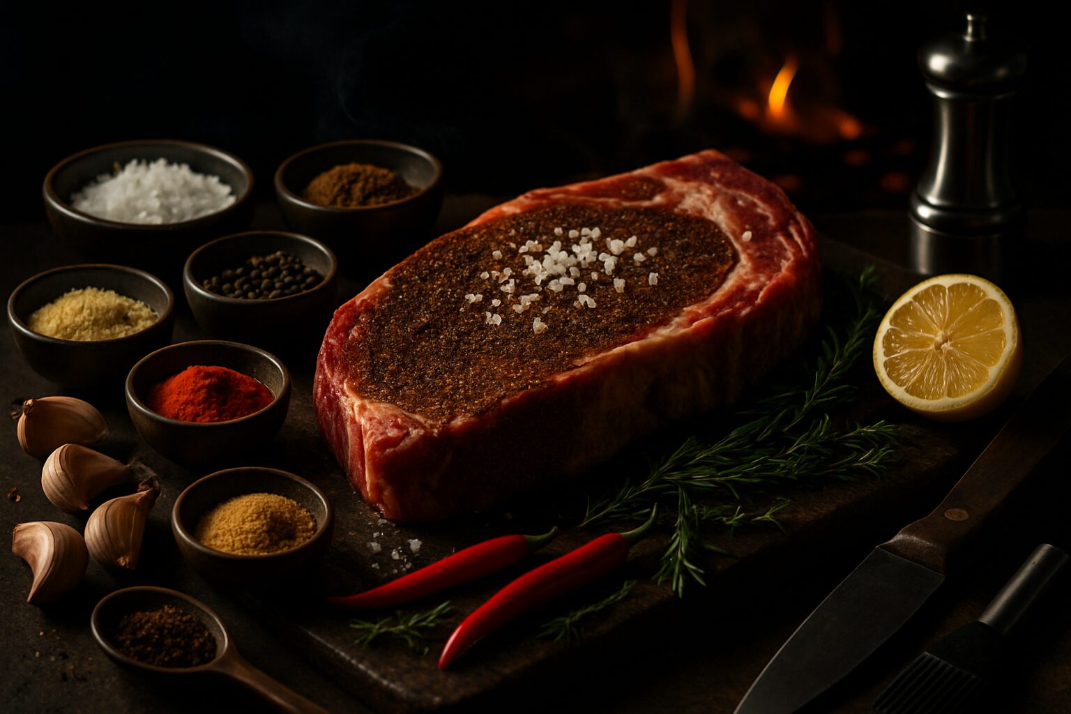 Contrafilé cru com dry rub e sal grosso sobre tábua rústica, cercado por especiarias, ervas frescas e utensílios profissionais sob luz dramática