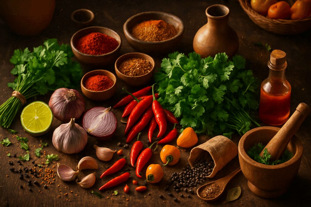 Composição vibrante de temperos brasileiros frescos e secos sobre madeira rústica: coentro, pimentas, alho, colorau e especiarias regionais