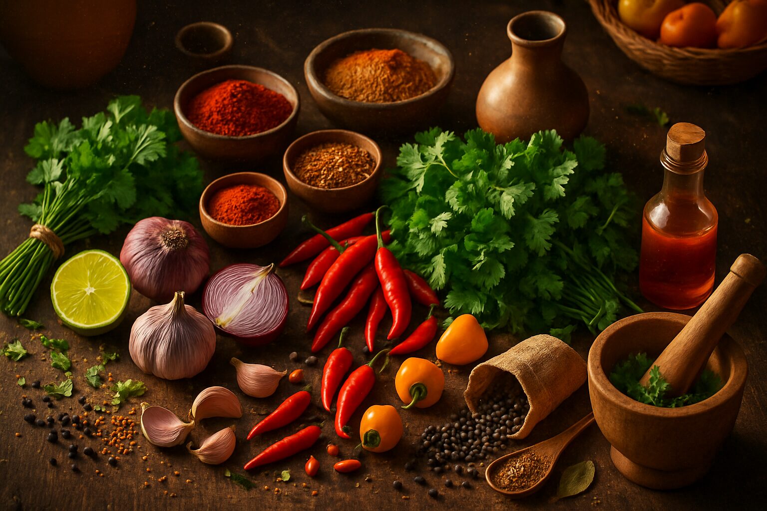 Composição vibrante de temperos brasileiros frescos e secos sobre madeira rústica: coentro, pimentas, alho, colorau e especiarias regionais