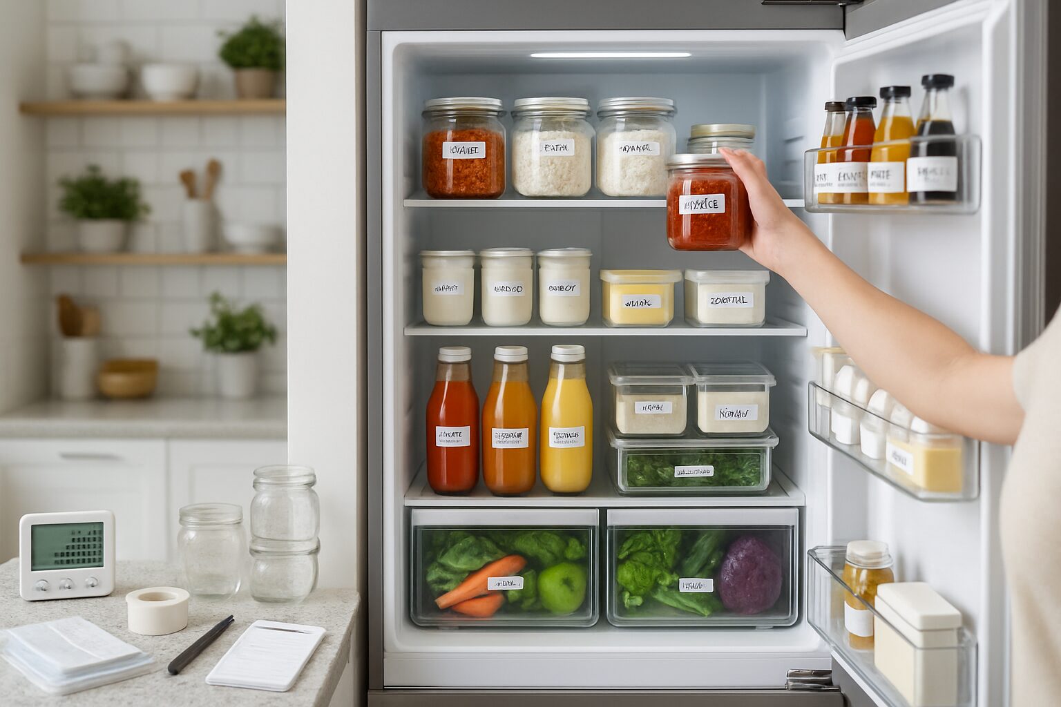 Geladeira moderna aberta mostrando organização perfeita por zonas com potes etiquetados, vegetais e carnes, termômetro e materiais de conservação