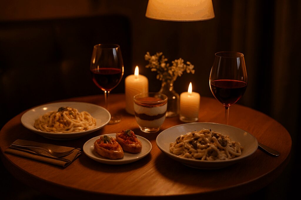 Mesa de jantar romântico em casa com massas, vinho e velas acesas, simbolizando um jantar a dois simples e elegante