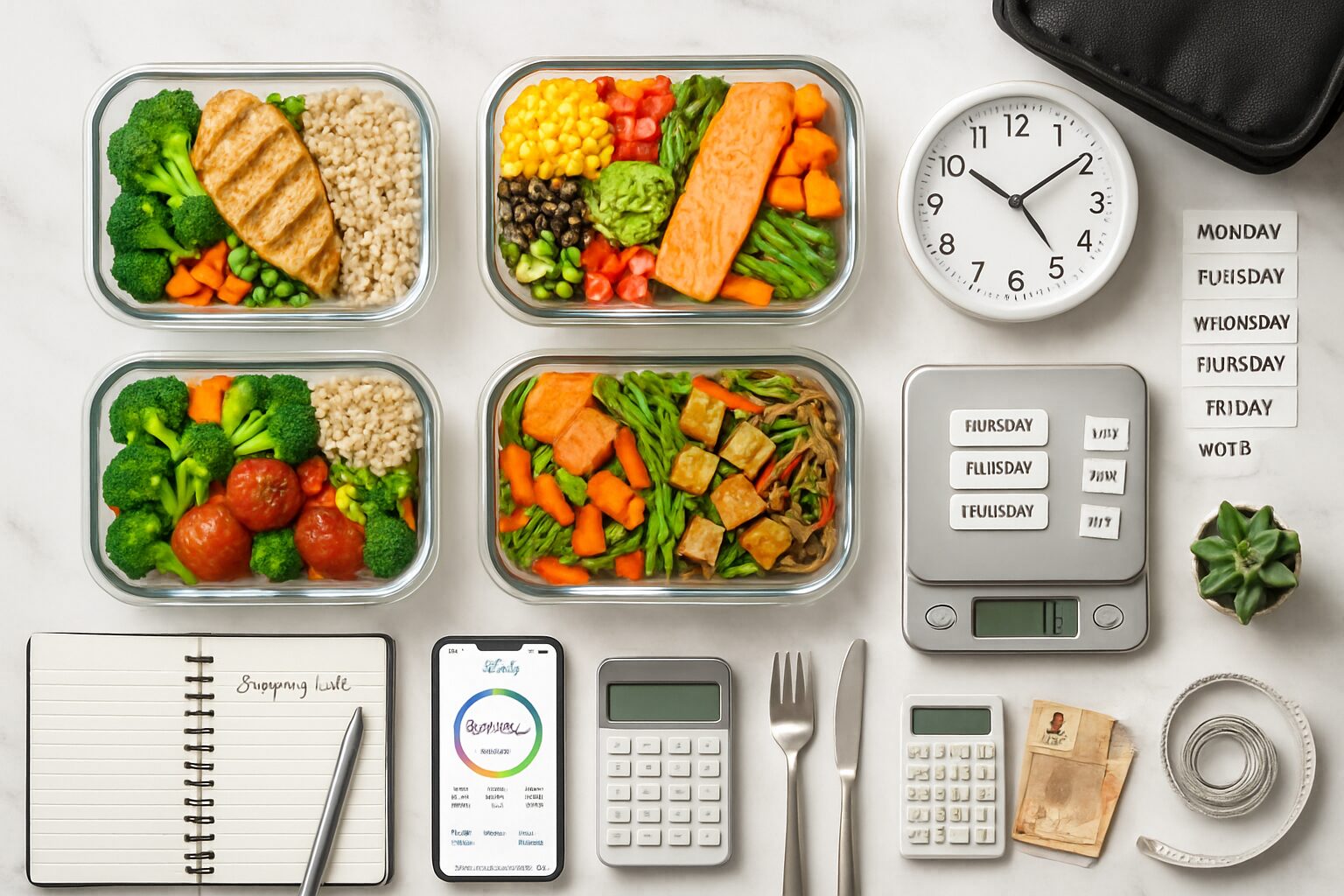 Cinco recipientes de vidro com marmitas fit variadas organizados simetricamente, cercados por caderno de planejamento e utensílios de meal prep