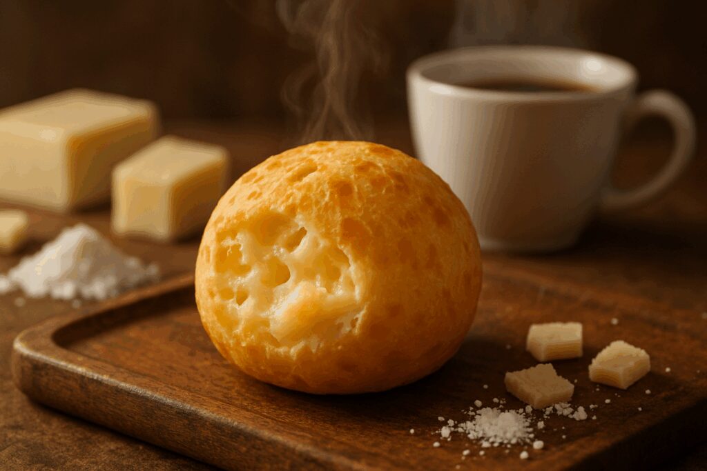 Pão de queijo dourado e crocante recém-saído do forno