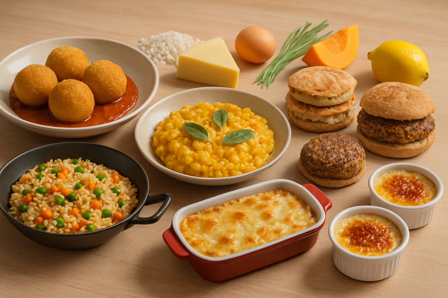 Receitas com arroz em sete versões criativas: arancini, risoto, arroz frito, gratinado, panquecas, hambúrguer vegano e arroz‑doce brûlée