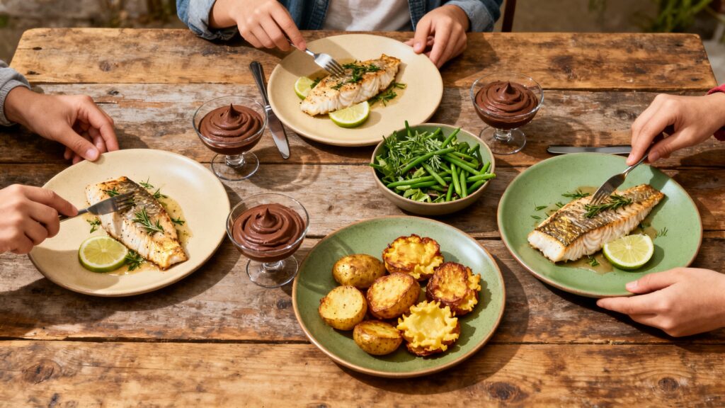 Mesa de Páscoa com peixe assado, batatas e mousse de chocolate, simbolizando receitas de Páscoa simples e acolhedoras