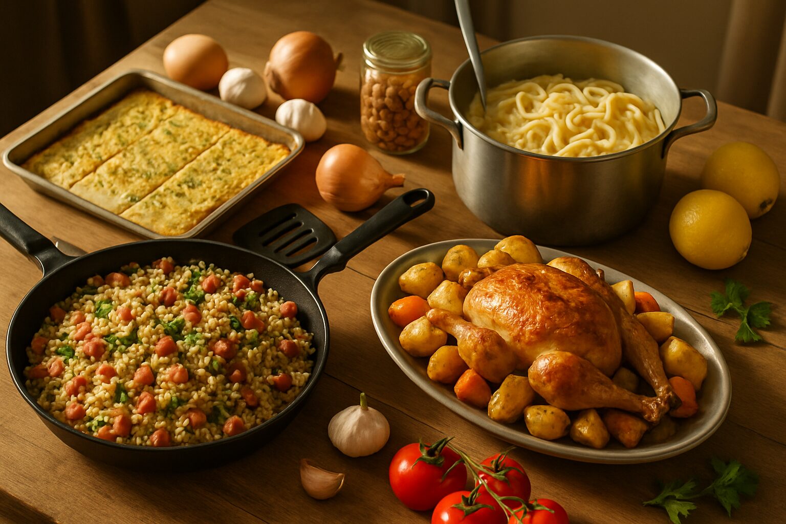 Jantares econômicos para família: arroz carreteiro, omelete de forno, macarrão cremoso e frango de assadeira em mesa simples e acolhedora