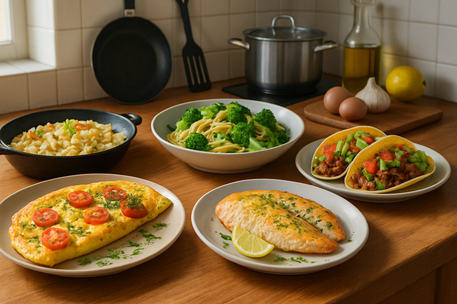 Receitas fáceis para almoço em 20 minutos: cinco pratos coloridos prontos na bancada, frescos e caseiros, sugerindo praticidade e sabor