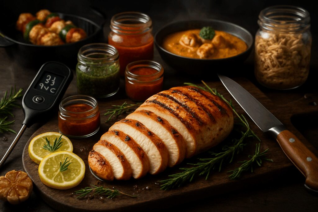 Peito de frango grelhado suculento fatiado em leque sobre tábua rústica, cercado por ervas frescas, limão e marinadas para receitas fit