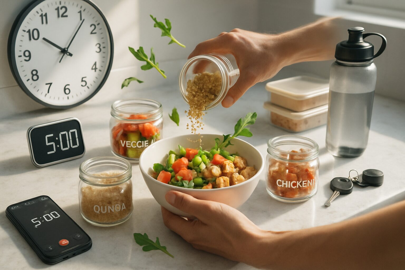 Mãos montando prato fit rapidamente com ingredientes organizados em potes, relógio e cronômetro mostrando praticidade de receitas rápidas