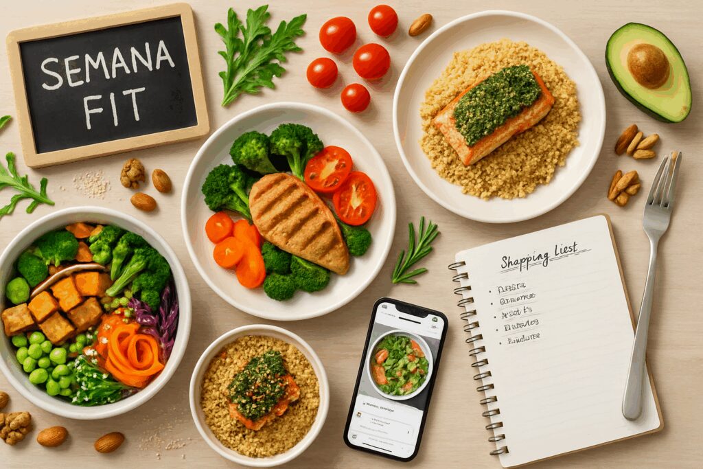 Mesa com pratos de receitas fit para jantar incluindo frango grelhado, salmão com quinoa e bowl vegetal, cercados por ingredientes frescos