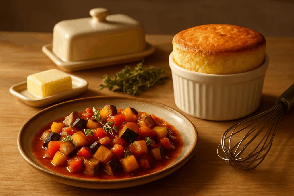 Ratatouille brilhante e soufflé de queijo alto em ramequim, destacando receitas francesas clássicas com técnica, ponto e elegância caseira