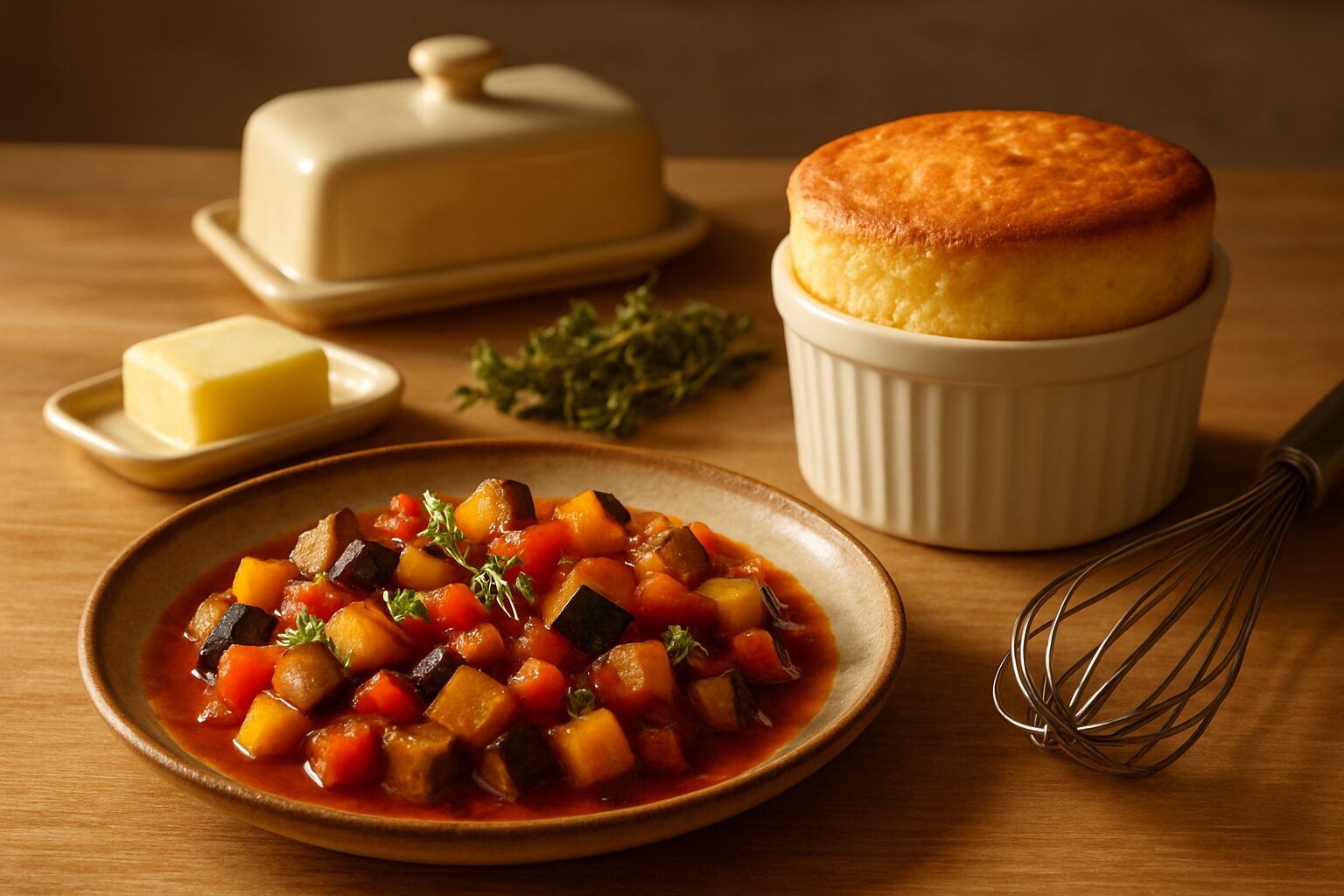 Ratatouille brilhante e soufflé de queijo alto em ramequim, destacando receitas francesas clássicas com técnica, ponto e elegância caseira