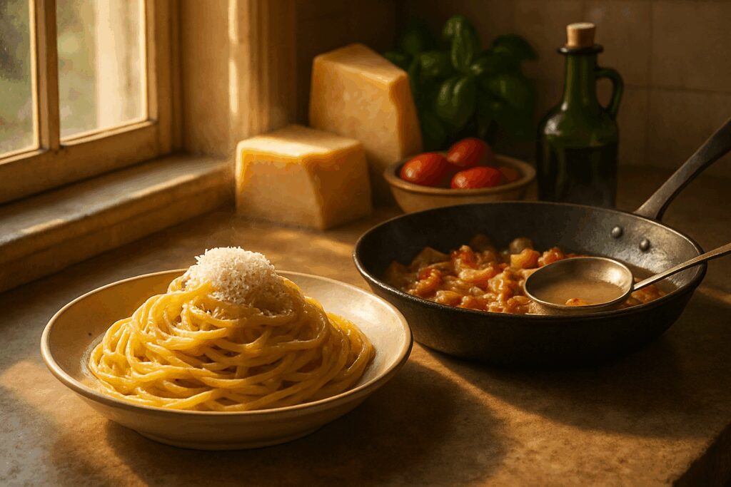 Prato de spaghetti com emulsão brilhante ao lado de guanciale, queijo e tomate, destacando receitas italianas tradicionais em clima caseiro