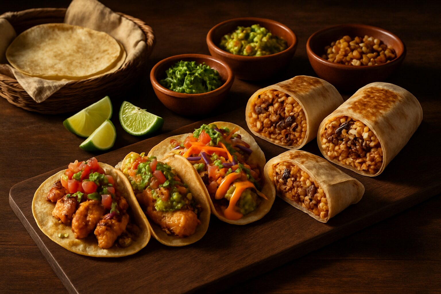 Tacos e burritos coloridos com salsas frescas, guacamole e tortilhas quentes, destacando receitas mexicanas para fazer em casa com equilíbrio