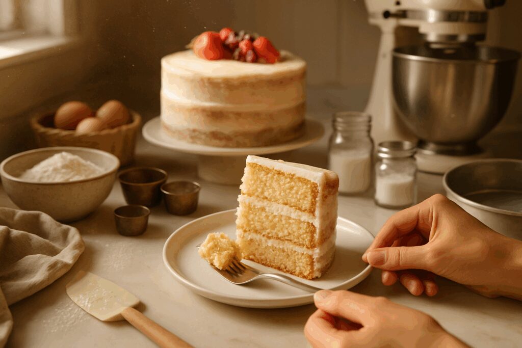 Fatia de bolo em camadas com textura perfeita e úmida em primeiro plano, com bolo inteiro decorado ao fundo e ingredientes de confeitaria