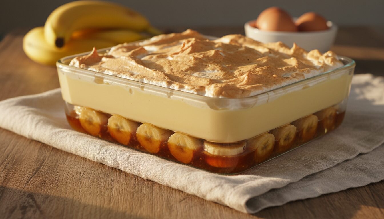 Travessa de chico balanceado com banana em camadas perfeitas de caramelo e suspiro, representando a autêntica sobremesa gaúcha tradicional