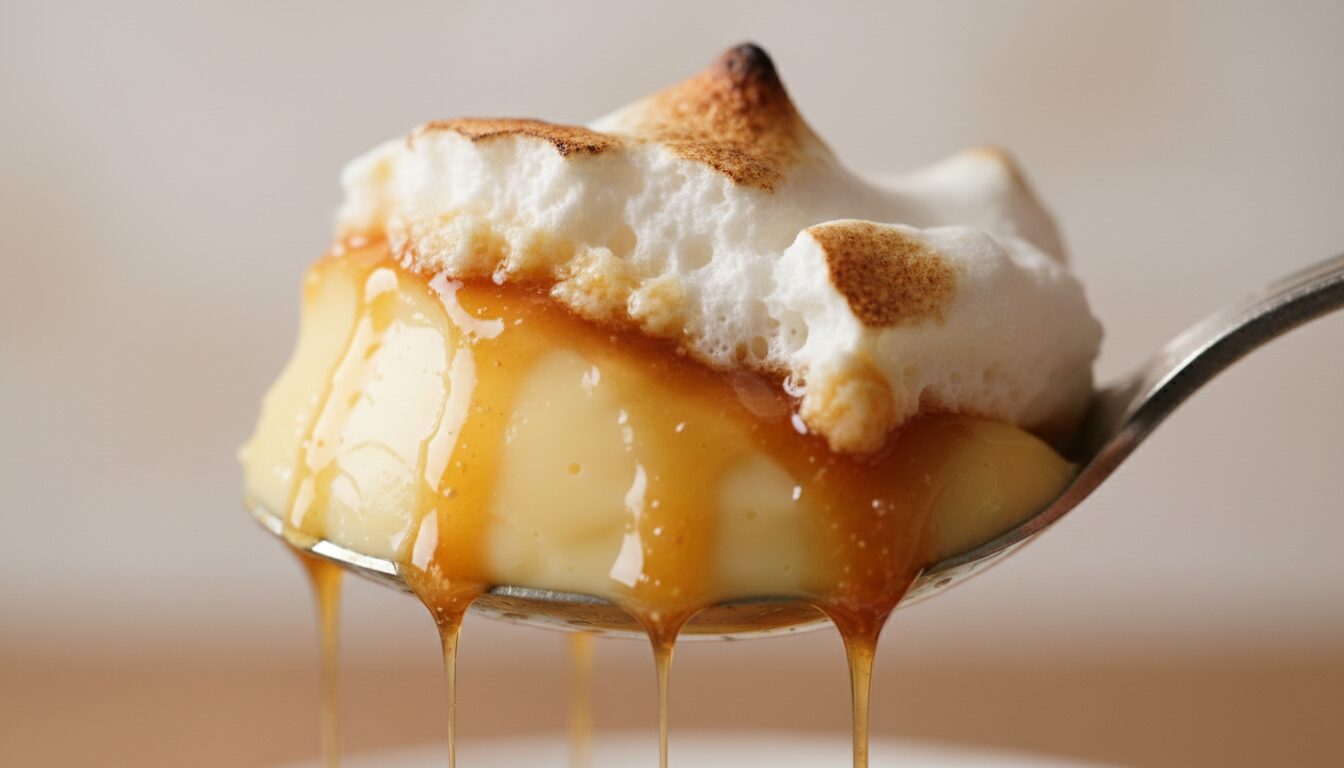 Colher servindo porção cremosa de chico balanceado, detalhando a textura do creme belga liso e merengue estável sem água