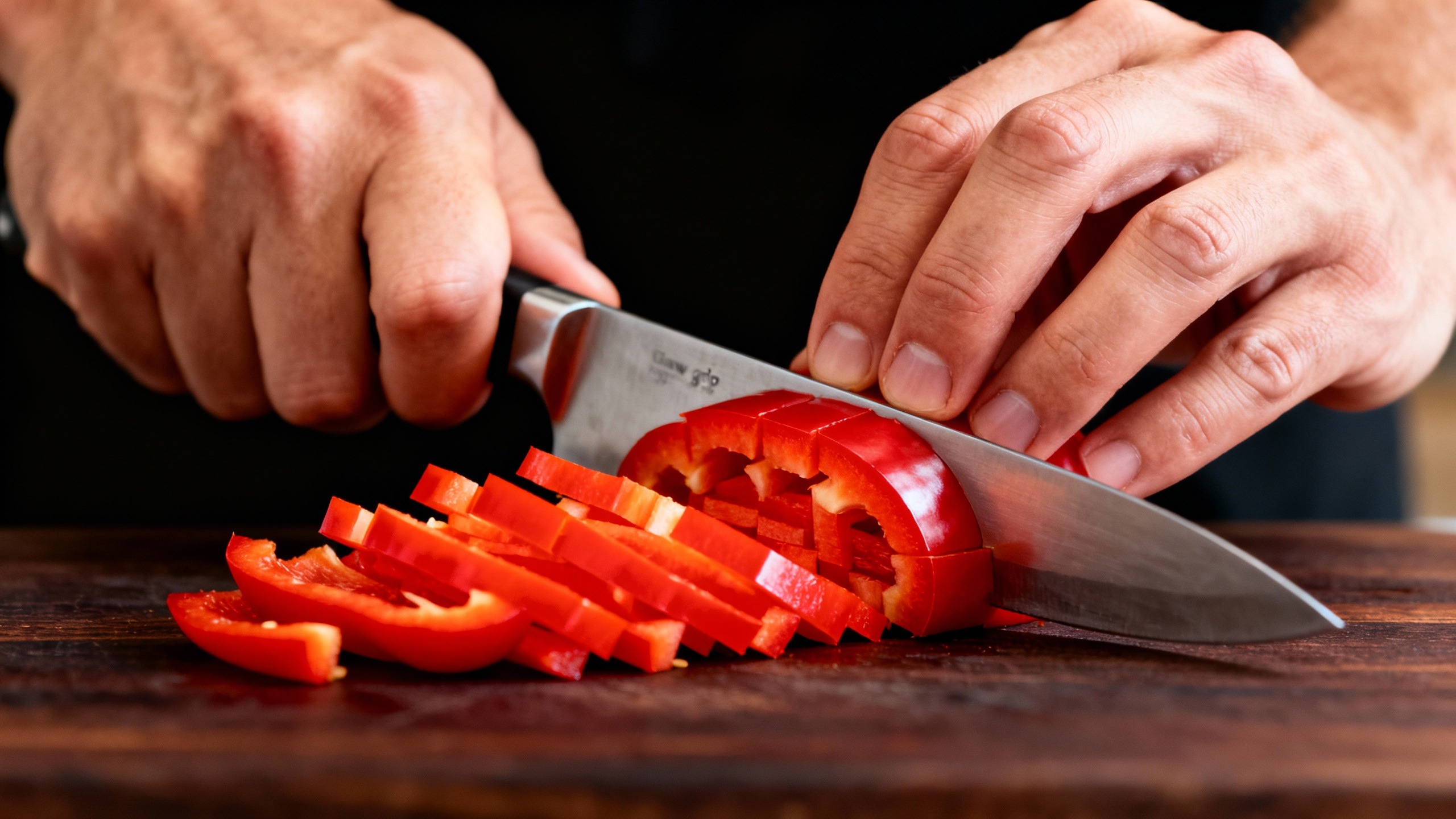 Mãos de chef usando a técnica de corte 'garra' para fatiar um pimentão em julienne, um dos fundamentos da cozinha