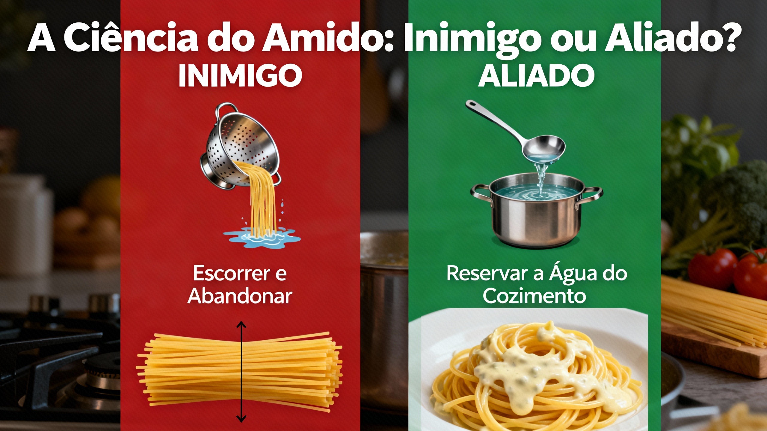 Infográfico sobre a ciência do amido, explicando como a água do cozimento do macarrão evita que a massa fique grudenta e cria um molho emulsionado.