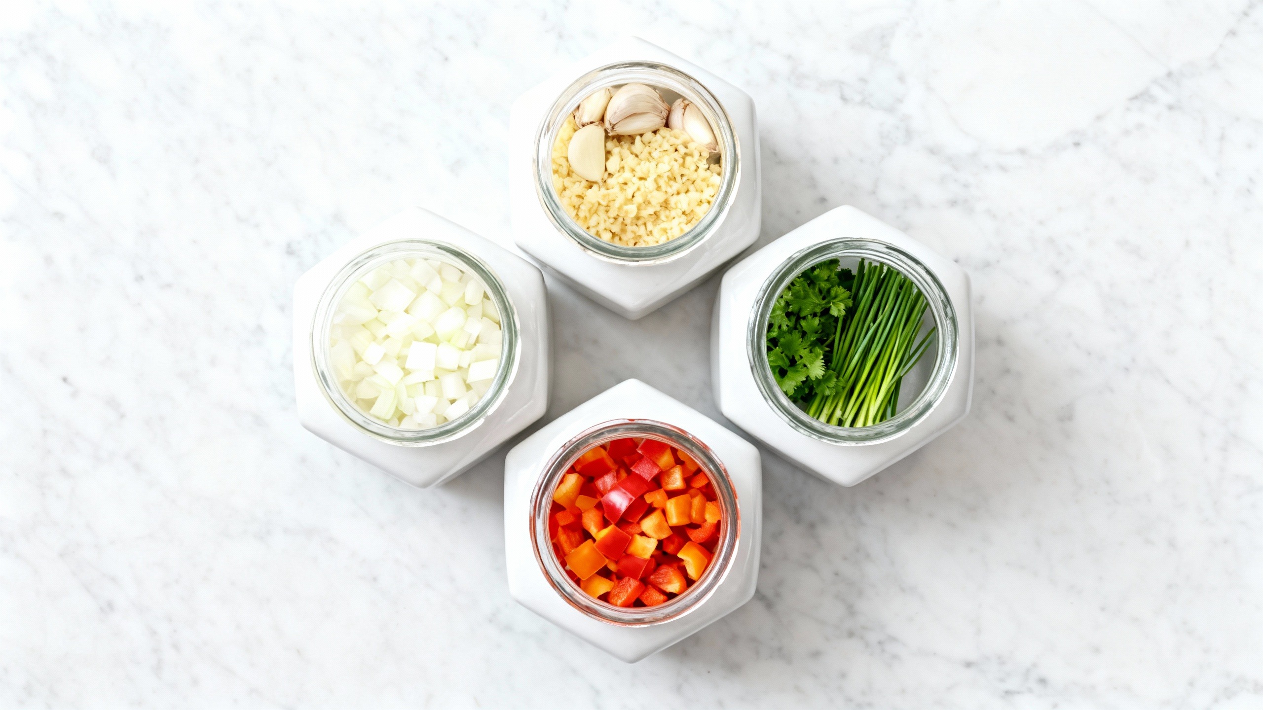 Organização 'mise en place' com ingredientes picados em potes de vidro, ilustrando o que é mise en place para iniciantes