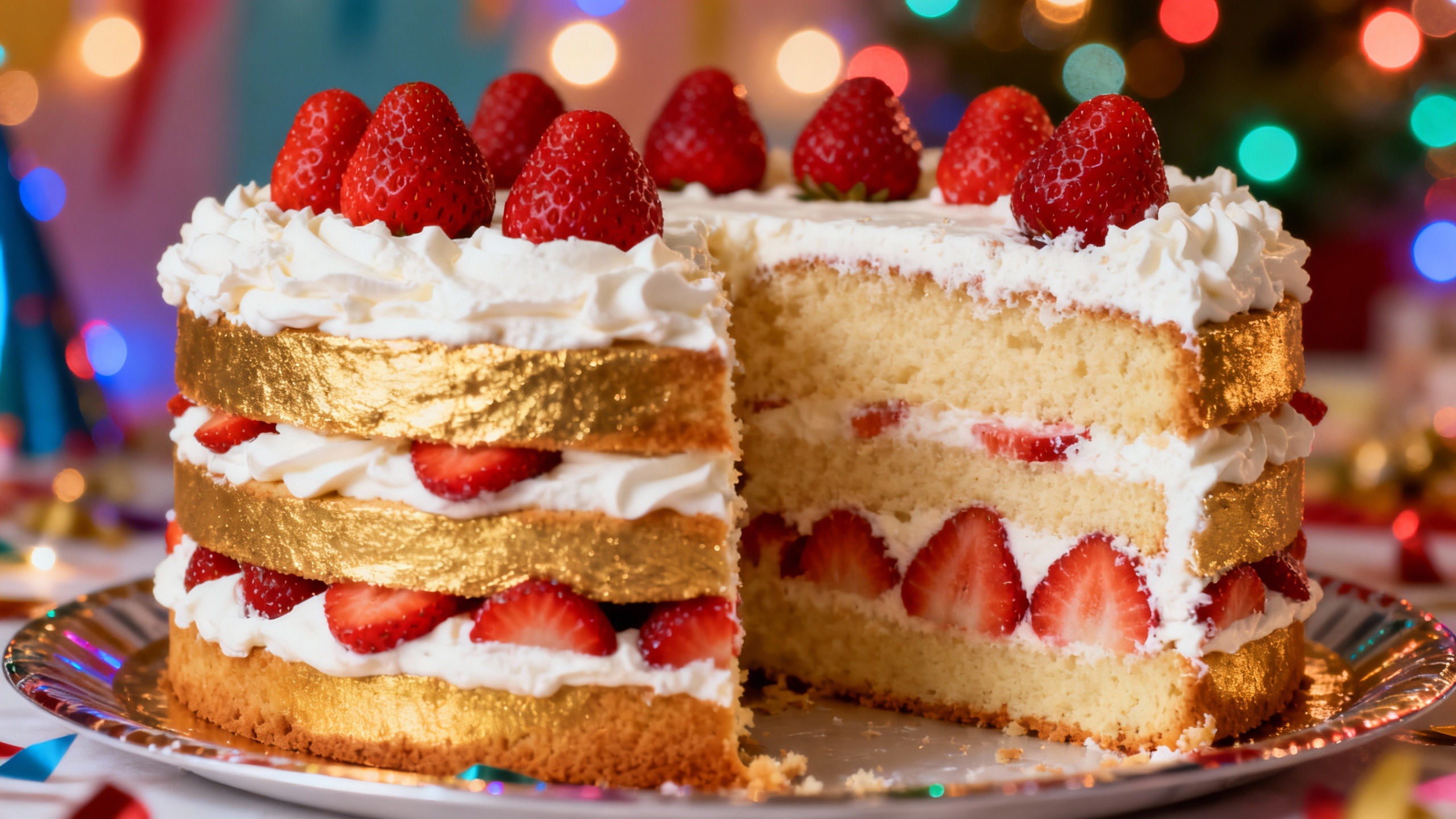 Bolo de aniversário de várias camadas feito com pão de ló, recheado com creme e morangos frescos, demonstrando como fazer um bolo base para confeitaria.