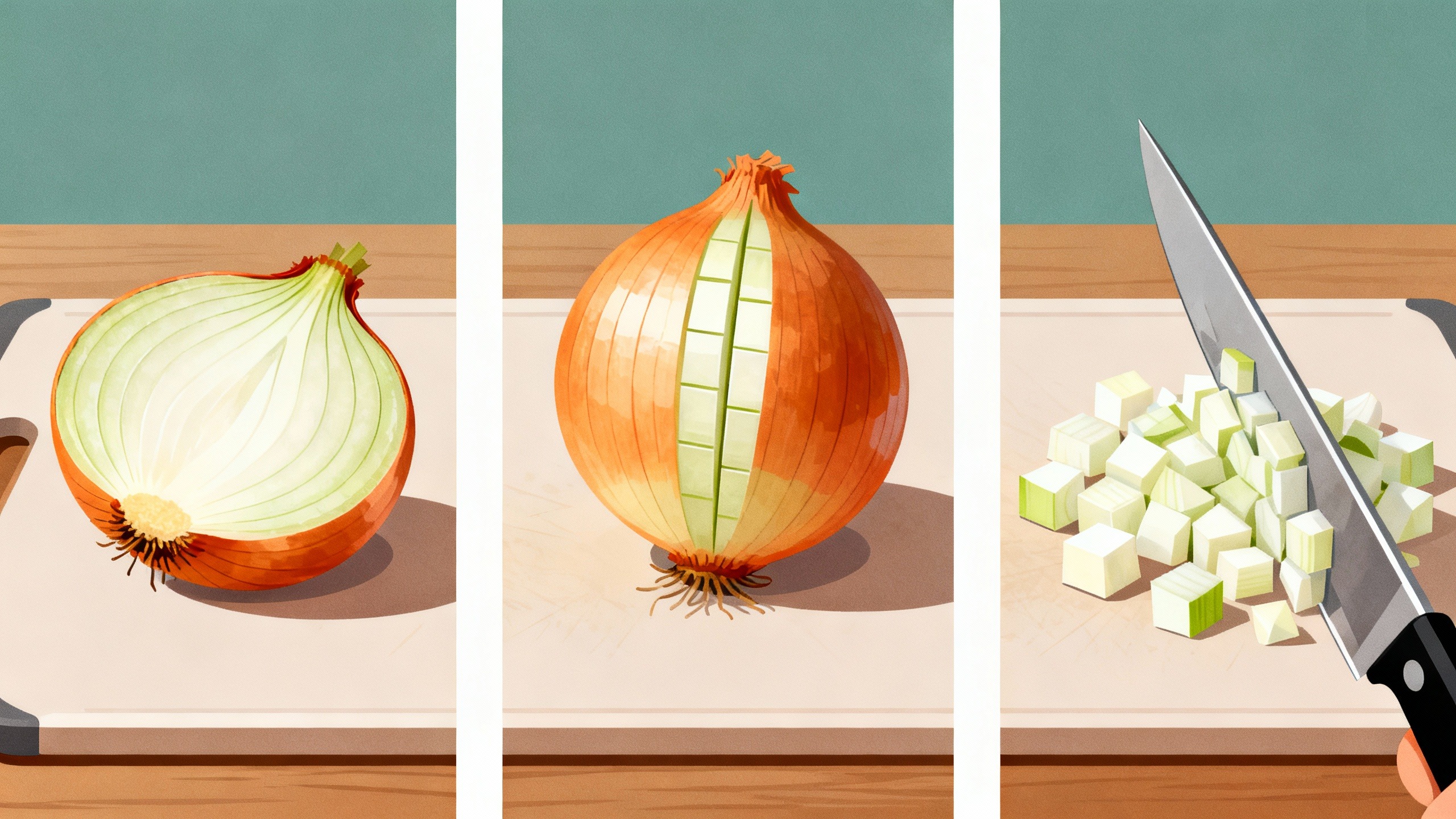 Infográfico com 3 passos de como cortar cebola rápido, mostrando a técnica de manter a raiz e fazer cortes precisos para não chorar na cozinha