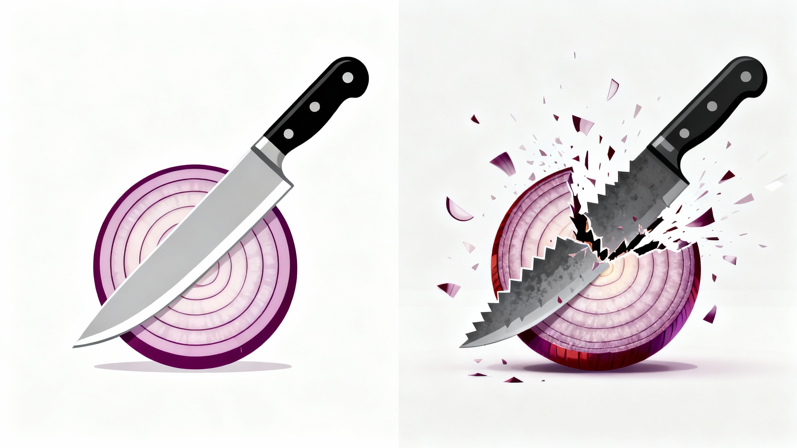 Infográfico mostrando como uma faca afiada melhora a técnica de corte na cebola, evitando que ela esmague e libere o gás que faz os olhos arderem