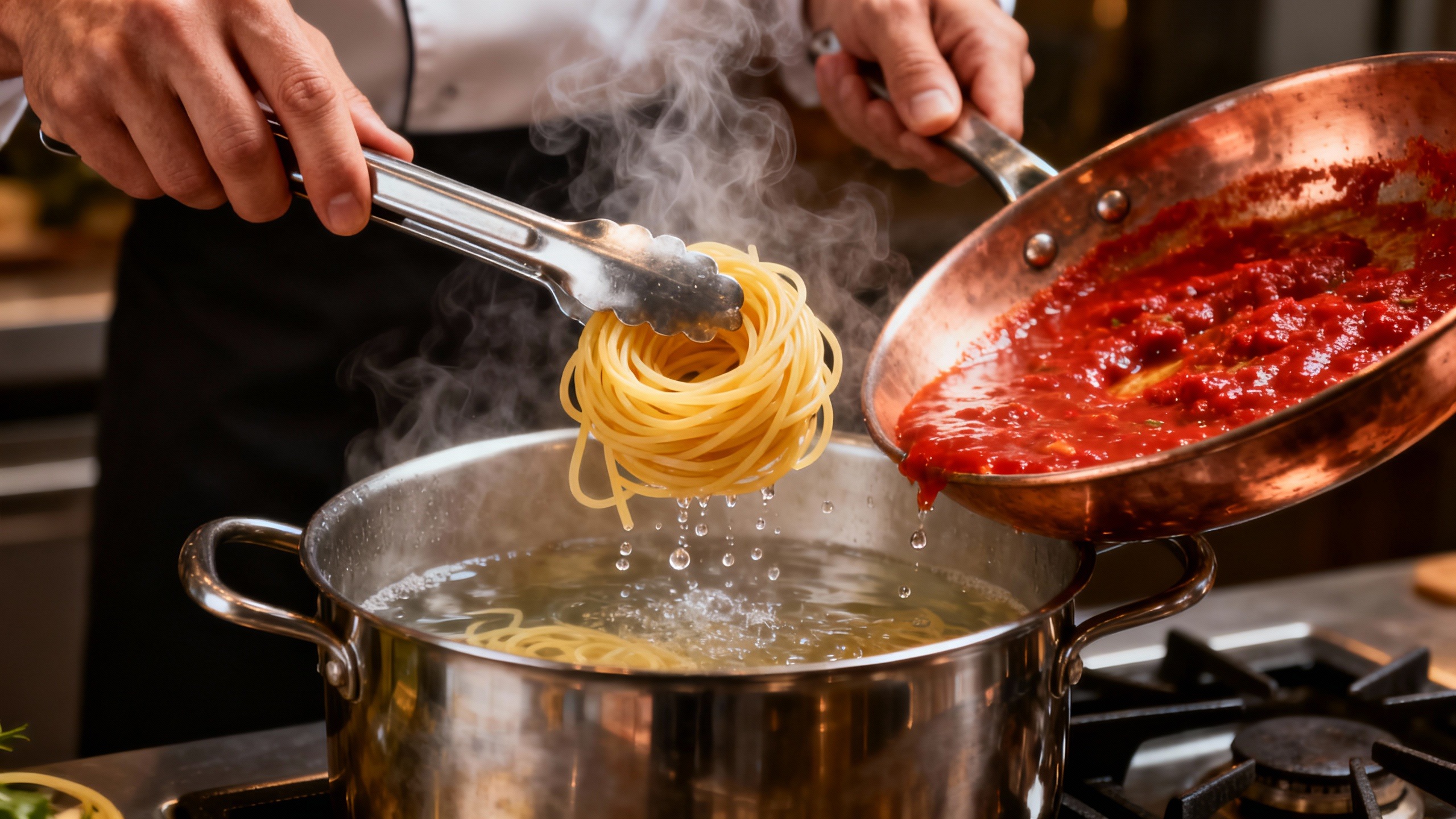 Mãos de chef usando a técnica para cozinhar macarrão soltinho, transferindo a massa com a água do cozimento direto para o molho para criar uma emulsão.