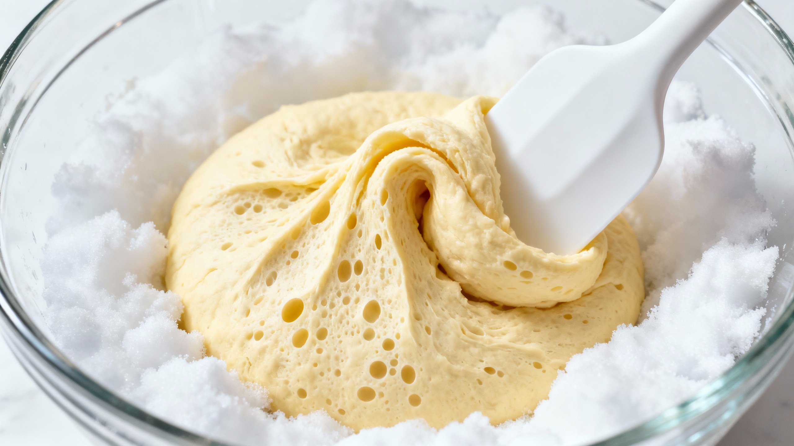 Mãos de um chef usando espátula para incorporar farinha em uma massa aerada, demonstrando a técnica para bolo pão de ló aerado sem perder o volume.