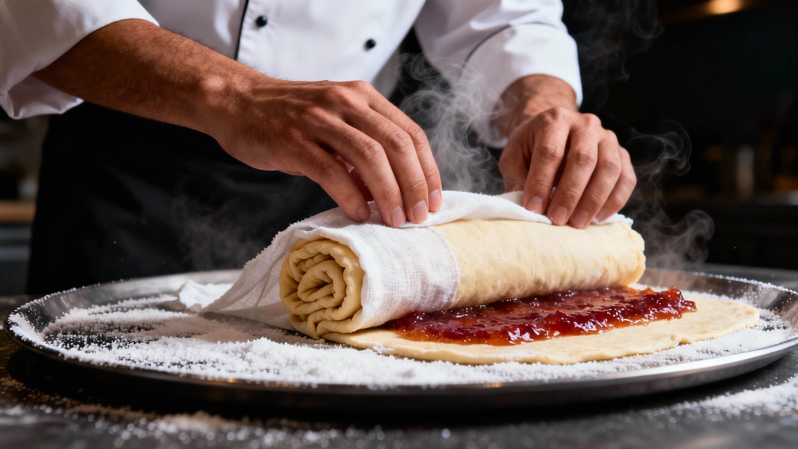 Mãos usando um pano de prato para iniciar o rolo de massa morna, aplicando a técnica para enrolar bolo de rolo e evitar que ele quebre