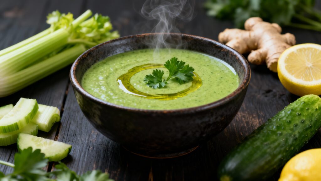 Uma tigela de cerâmica com sopa detox verde cremosa, decorada com salsinha, ao lado de ingredientes frescos como aipo e gengibre, representando como fazer sopa detox para desinchar a barriga