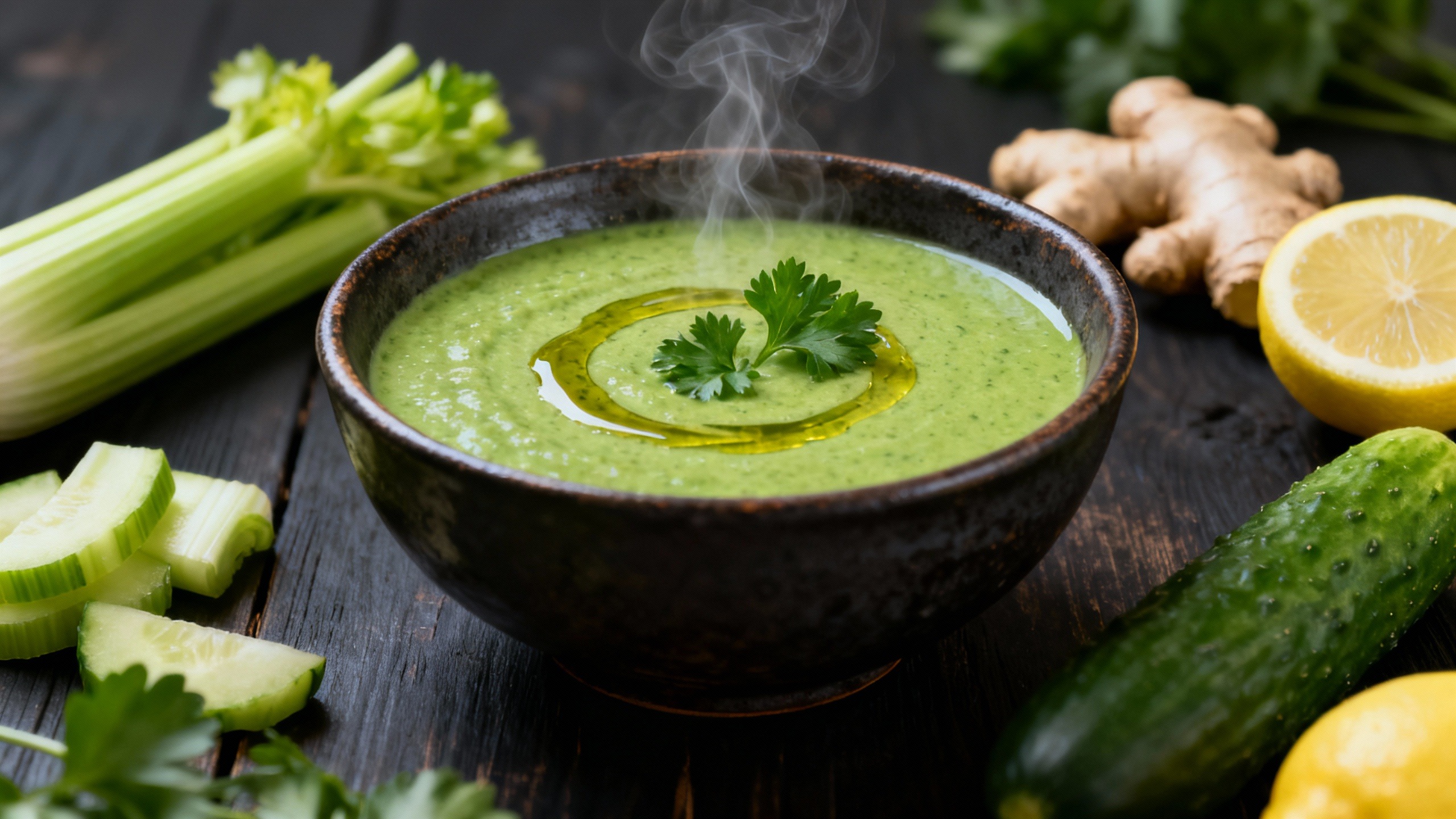 Uma tigela de cerâmica com sopa detox verde cremosa, decorada com salsinha, ao lado de ingredientes frescos como aipo e gengibre, representando como fazer sopa detox para desinchar a barriga