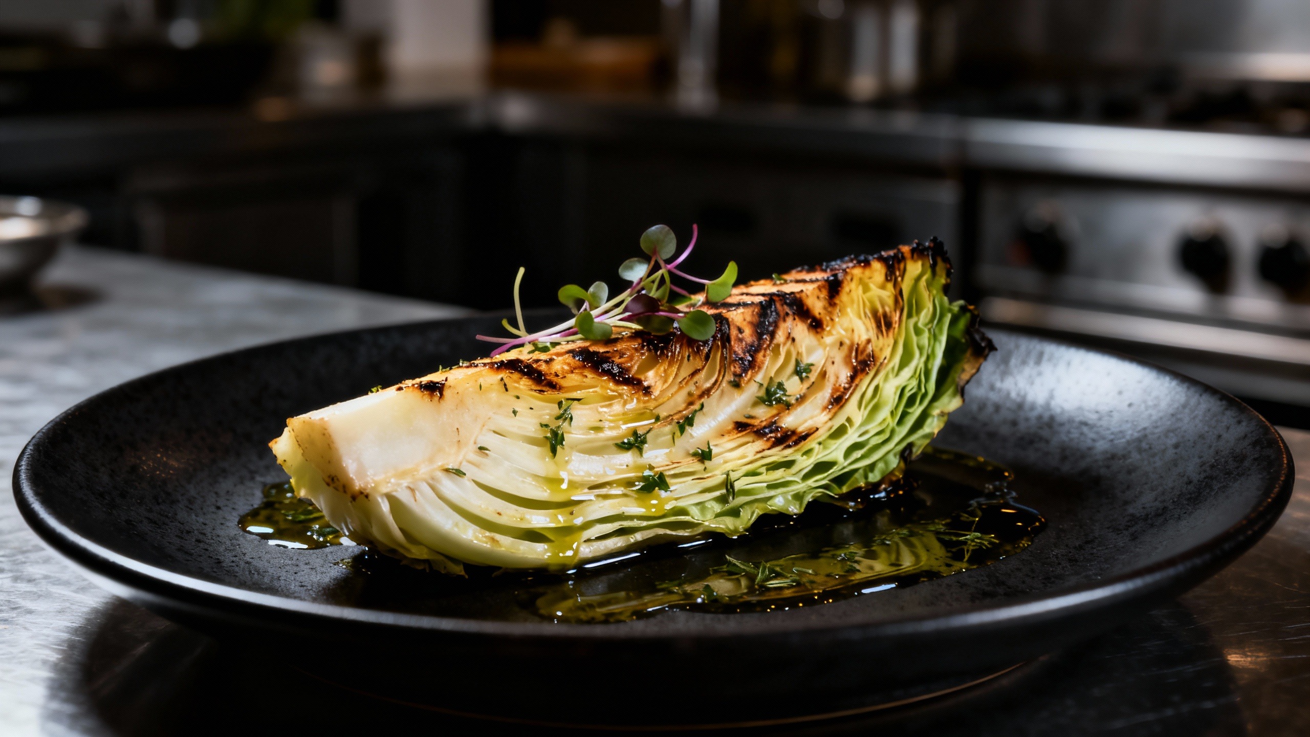 Fatia de repolho grelhado em prato de cerâmica, demonstrando como usar repolho na alta gastronomia com técnica de chef.